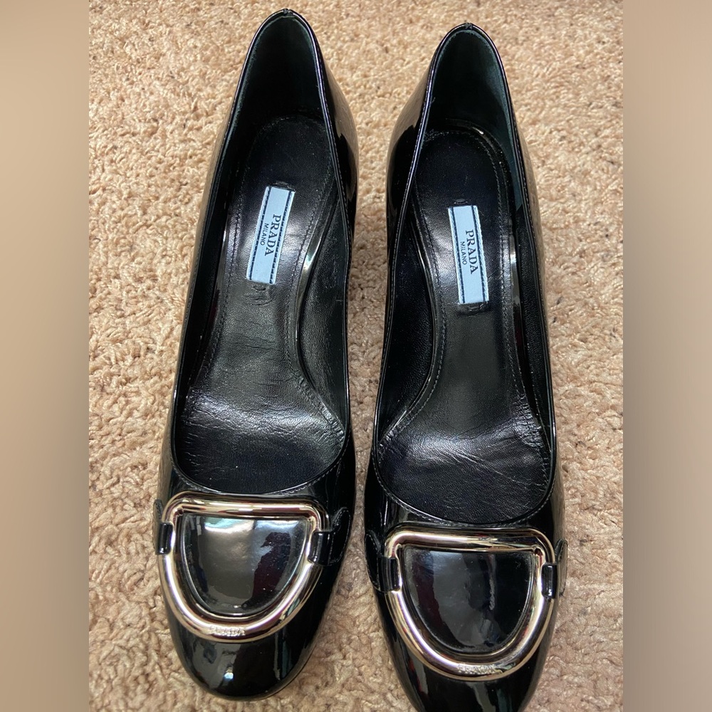 Prada women’s black patent leather shoes. Size 38.